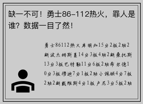 缺一不可！勇士86-112热火，罪人是谁？数据一目了然！
